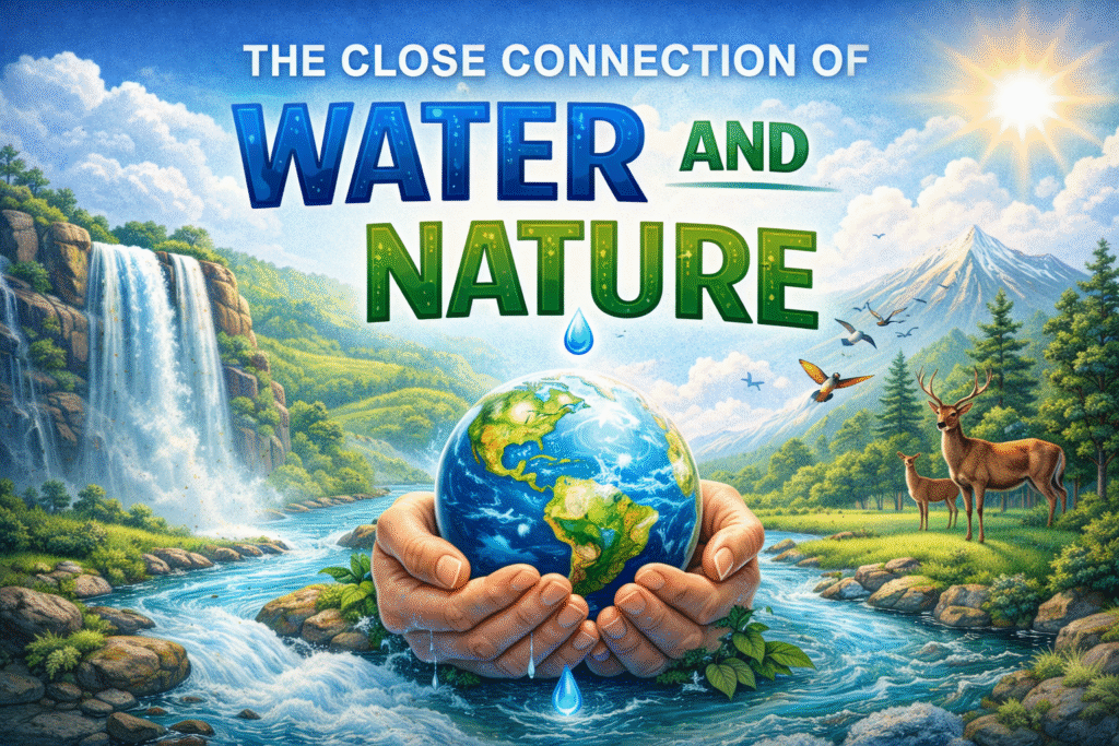 Illustration showing the close connection of water and nature with a flowing river, waterfall, green forests, wildlife, and human hands holding the Earth, symbolizing water as the source of life.