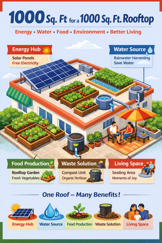 “Illustration of a 1000 square feet rooftop transformed into a sustainable living hub with solar panels, rainwater harvesting system, rooftop vegetable garden, compost unit, and a family sitting area.”
