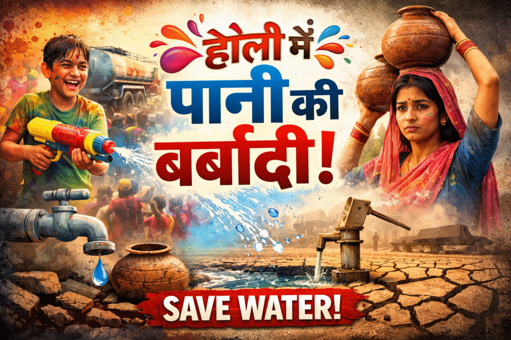 "A split-image thumbnail showing on one side children joyfully playing Holi with water guns and colorful splashes, and on the other side a rural woman carrying water pots in a dry, cracked landscape with a hand pump and empty containers. Bold text reads 'Holi and Water Conservation' and 'Save Water', highlighting the contrast between celebration and water scarcity."